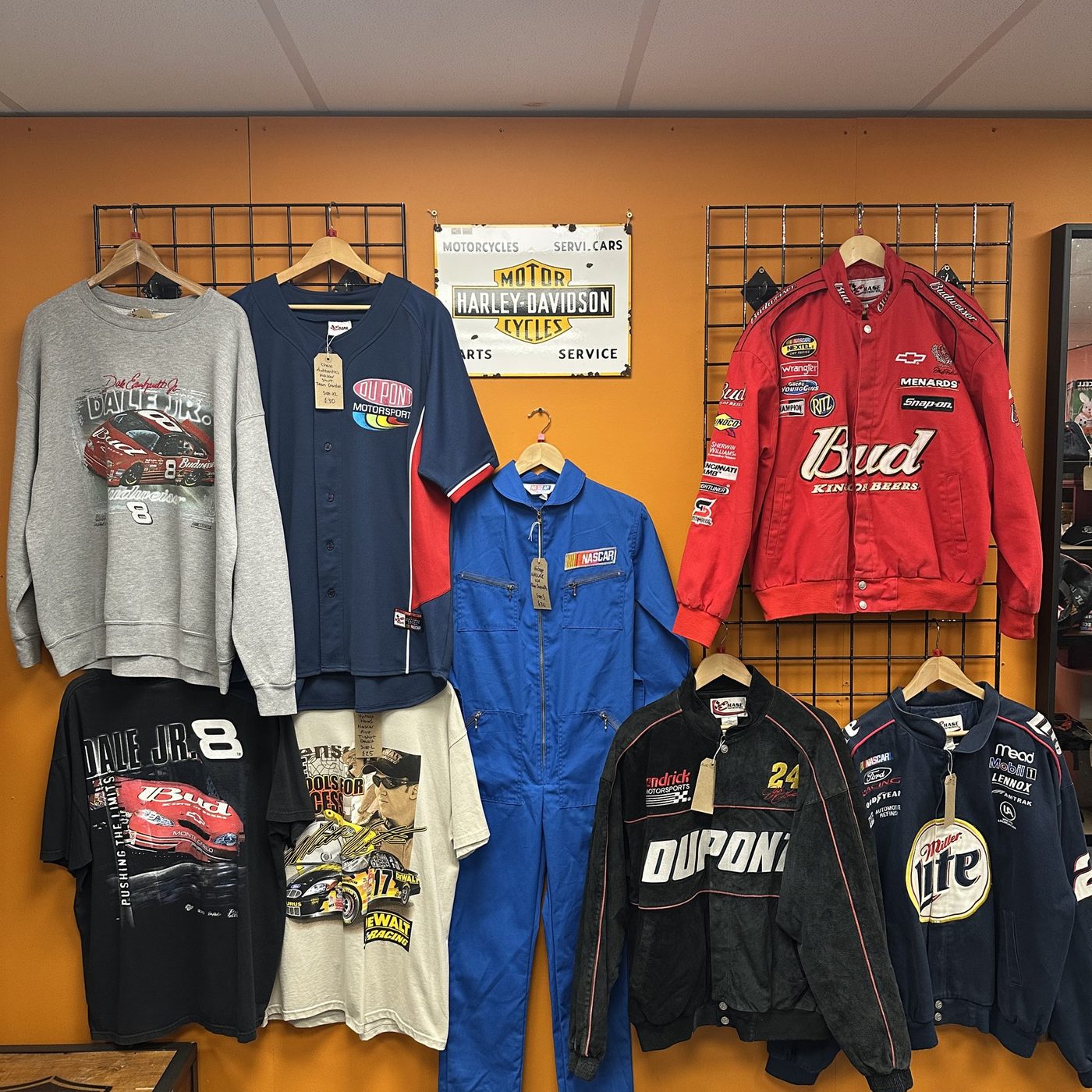 HoganFinds vintage racing and biker jackets on the shop wall
